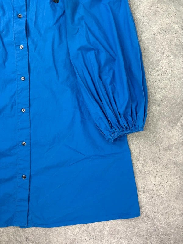 Blue cotton button puff midi shirt dress
