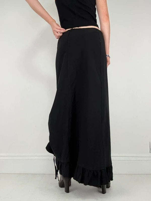 Low waisted black cinched ruffle maxi skirt