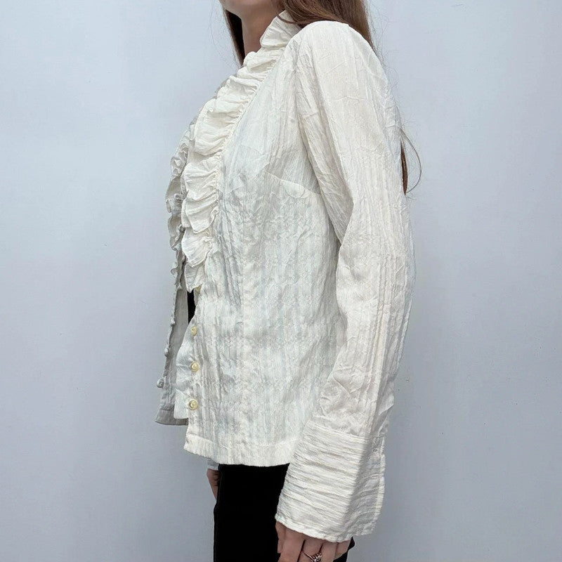 white pinstripe ruffle shirt