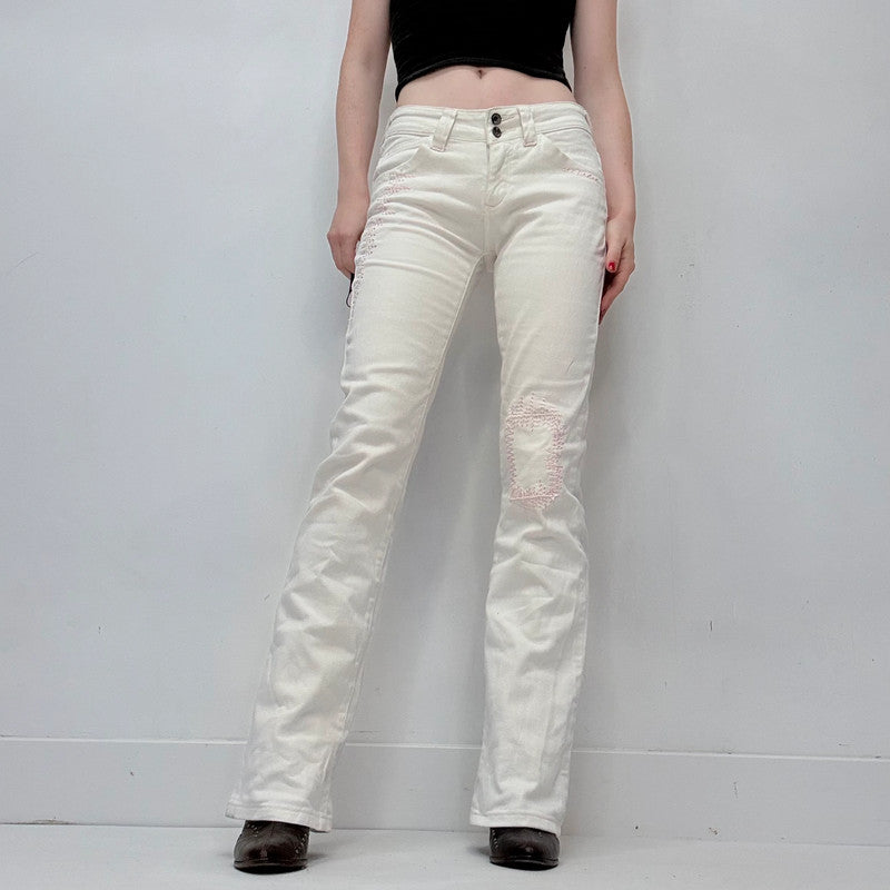 white low rise distressed stitched jeans