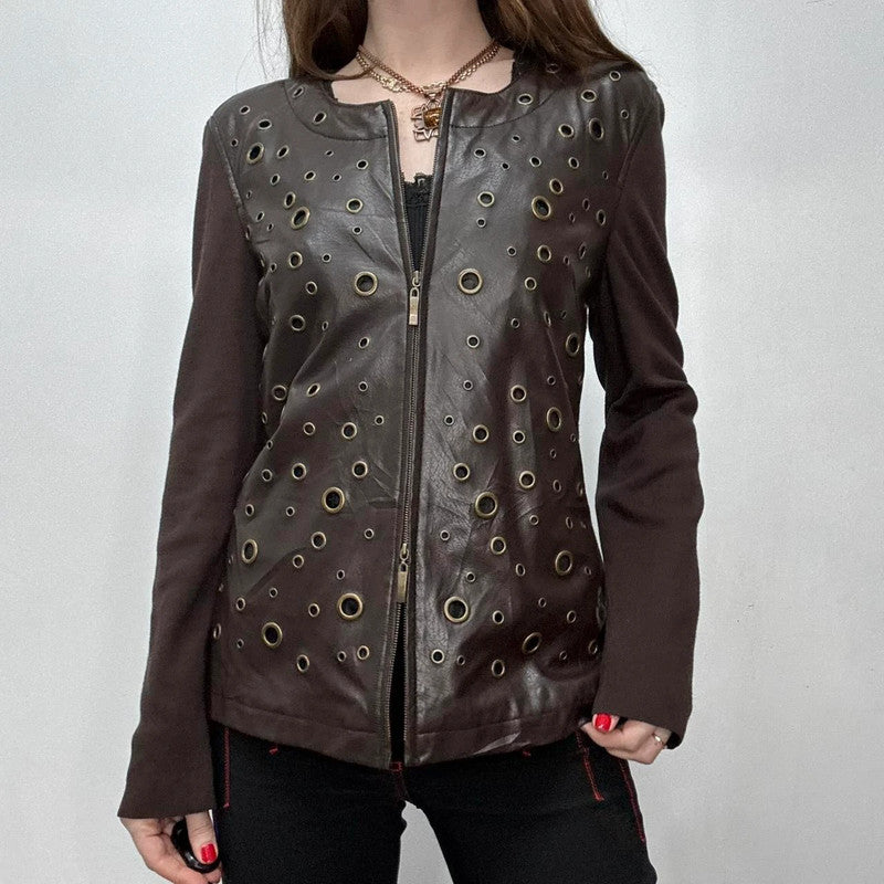 brown studded eyelet leather jacket