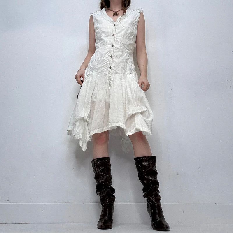 white pinstripe draped ruffle dress