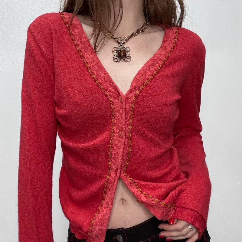 red lace knit cardigan