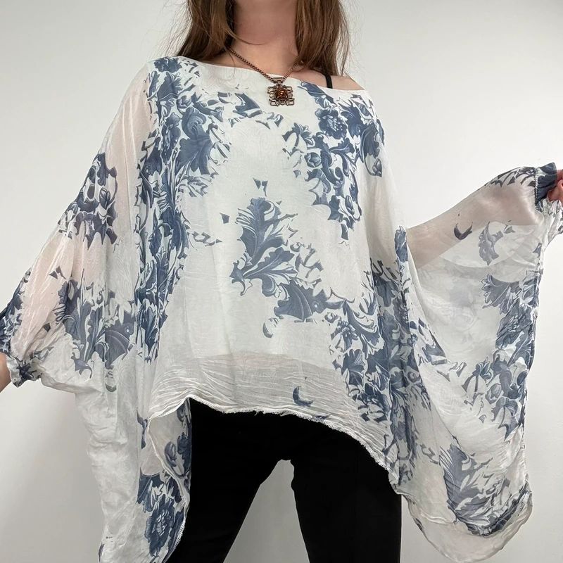 white and blue silk draped regency printed batwing blouse