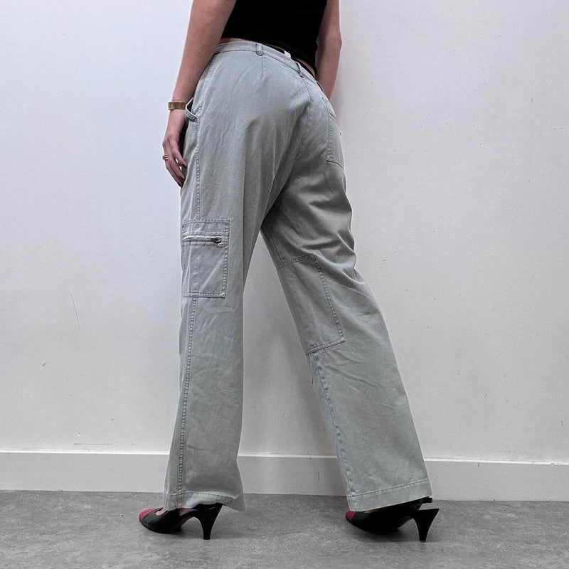 wide leg flared khaki distressed utility trousers