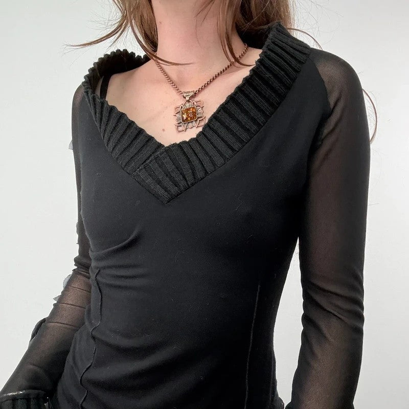 black layered mesh long sleeve slouchy rib top 2026