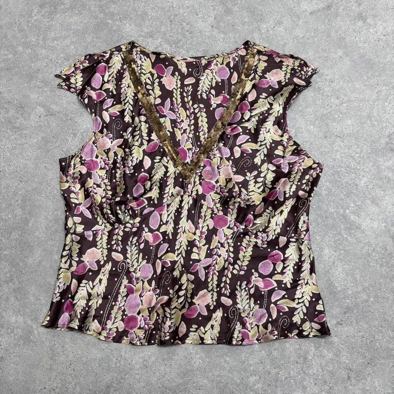 brown floral printed silk fairy top