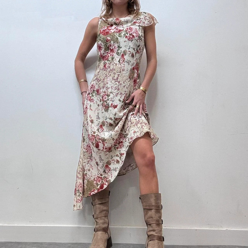 lace floral print sheer flutter maxi dress