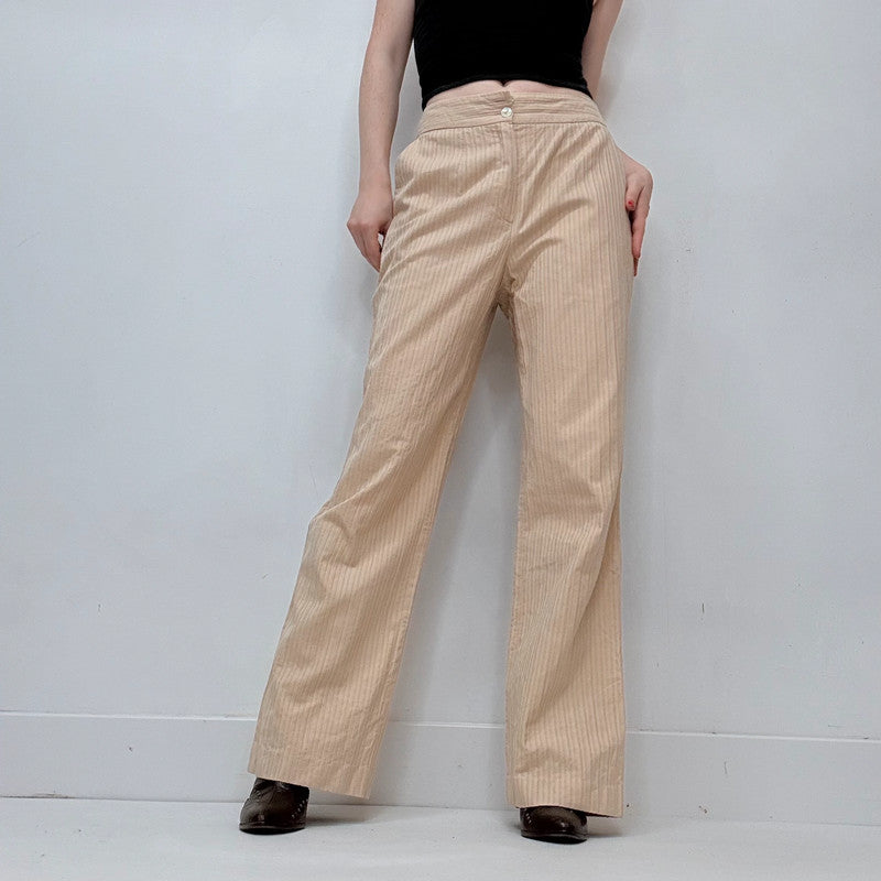 textured pleated pinstripe wide leg flared cotton pants