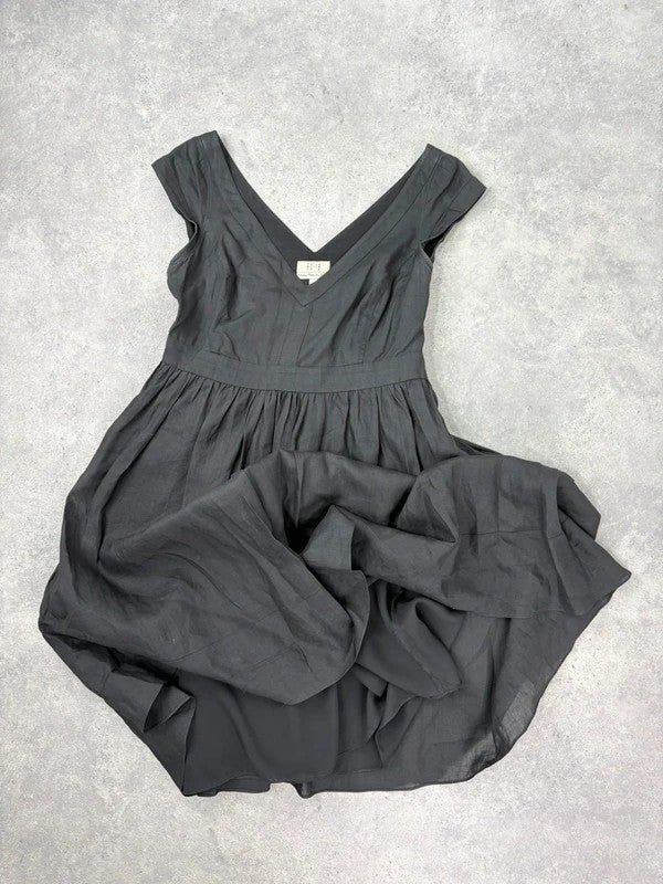 black pleated drop waist linen midi dress