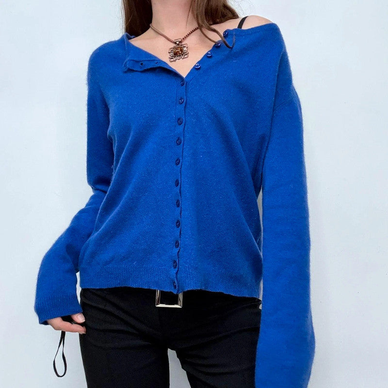 blue cashmere button up slash neck cardigan