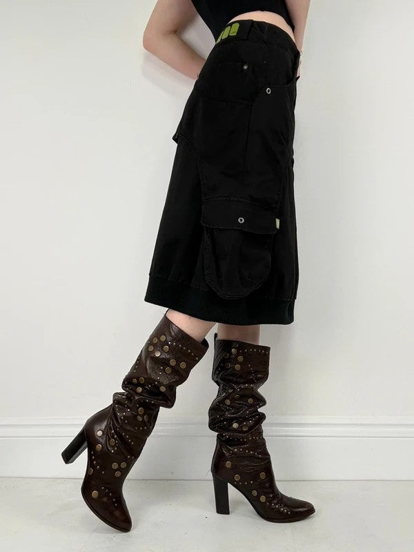 black layered utility midi skirt