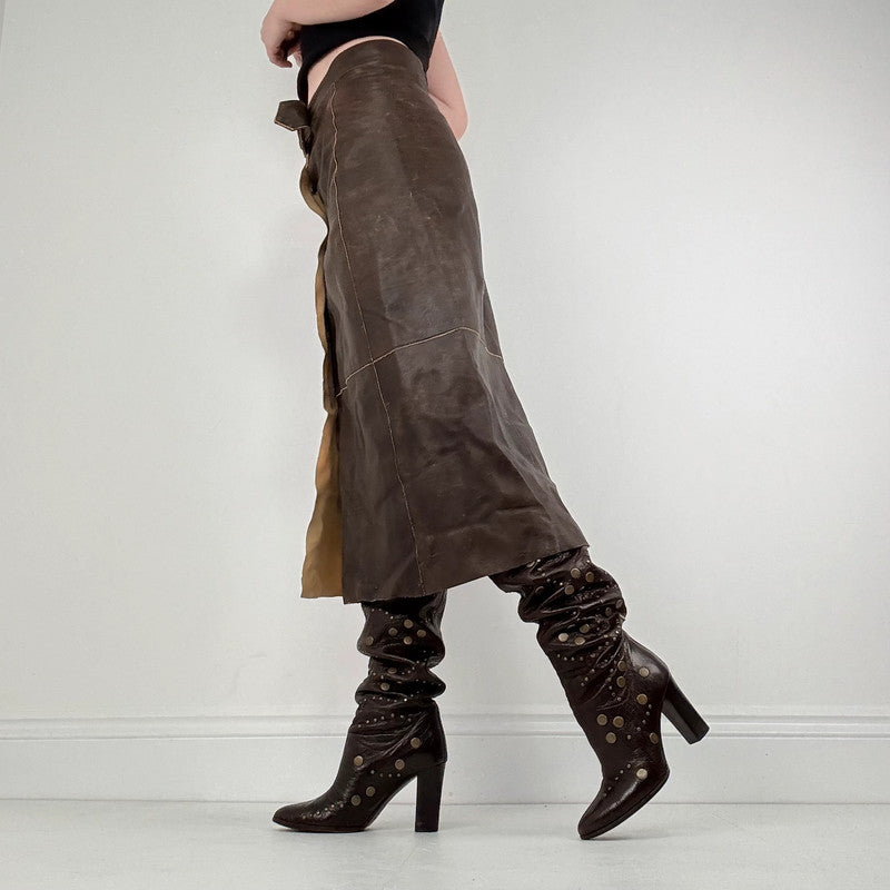 chocolate brown leather a-line midi skirt