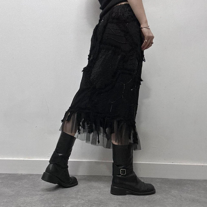 black sheer embroidered lace midi skirt