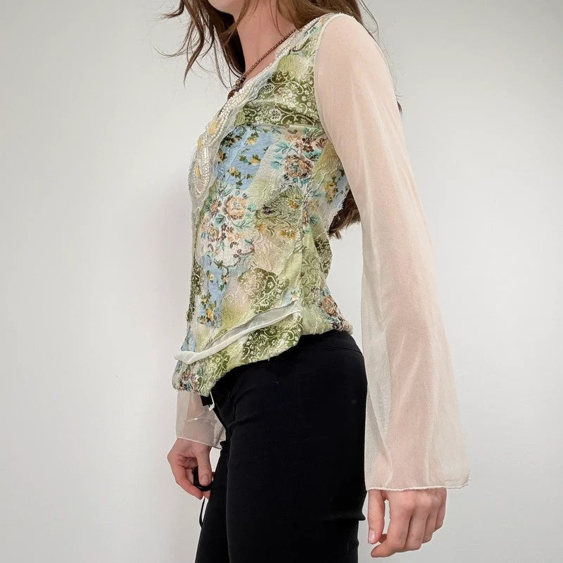 Mesh boho flare paisley print blouse t-shirt