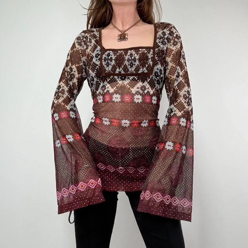 graphic printed boho western flared mesh shirt