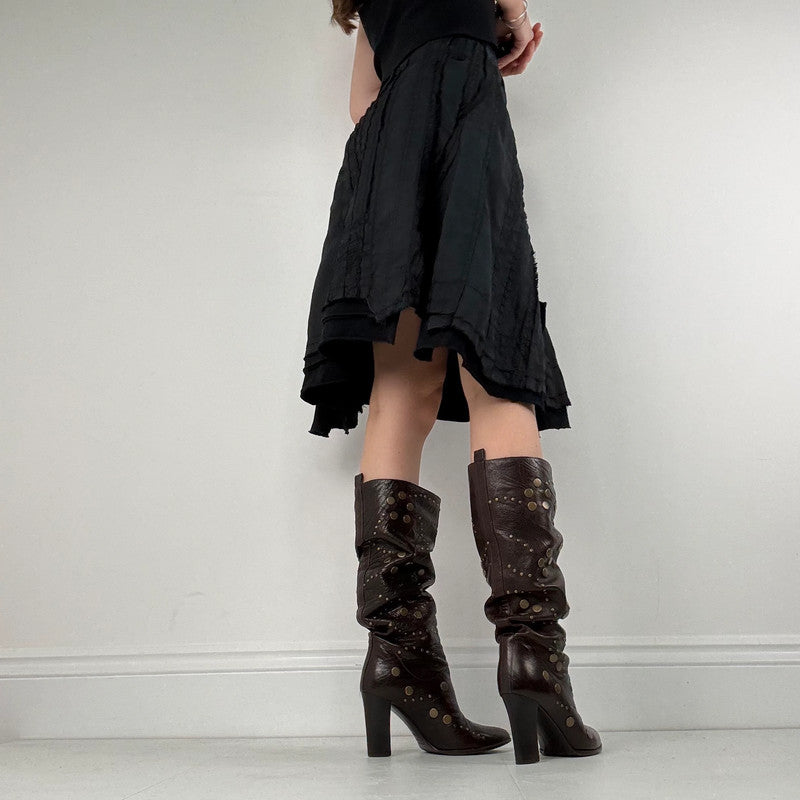 distressed black linen asymmetric flared midi skirt