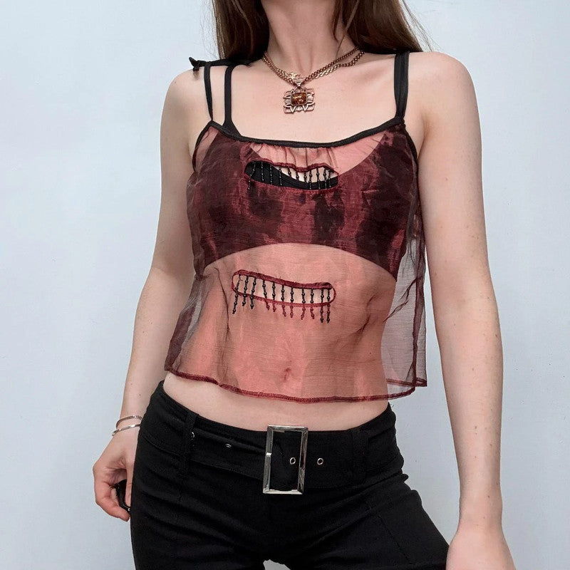 sheer red beaded tassel fray vest