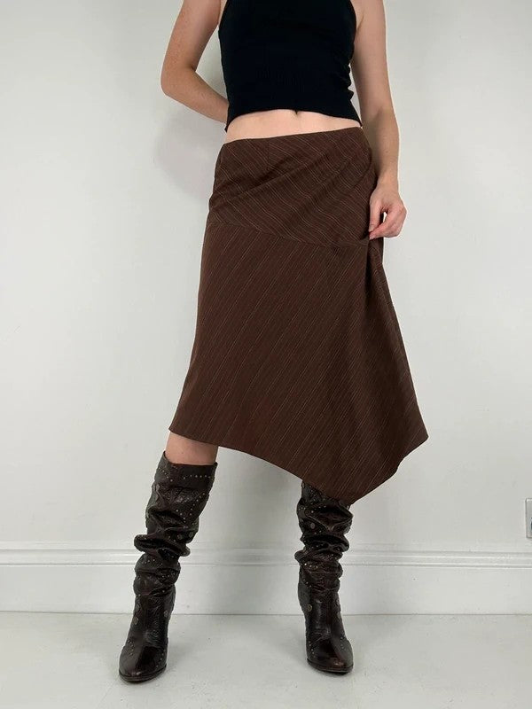Pinstripe brown asymmetric draped midi skirt