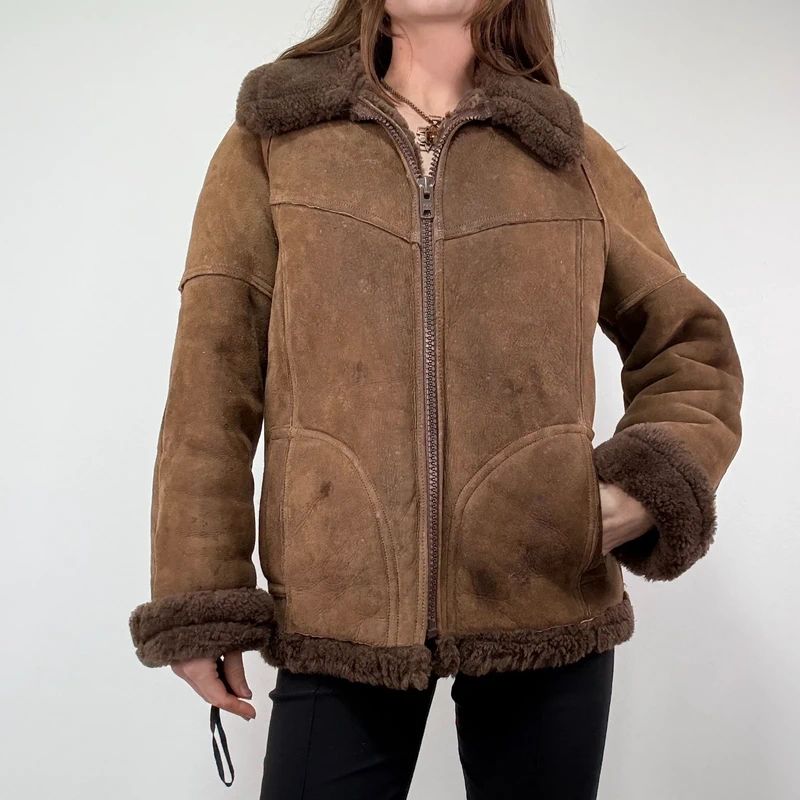 brown shearling aviator vintage jacket with zipper