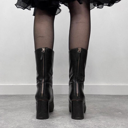 black leather square heel boots
