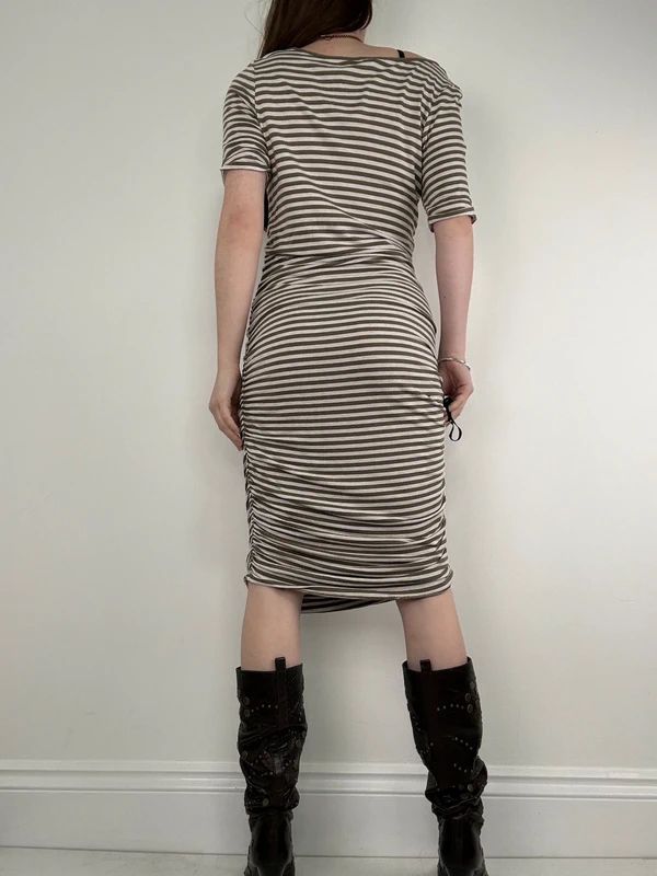 khaki striped gathered cinched midi dress