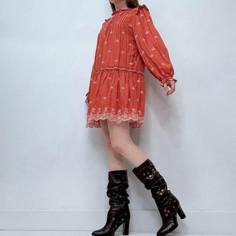 orange boho embroidered puff boho dress