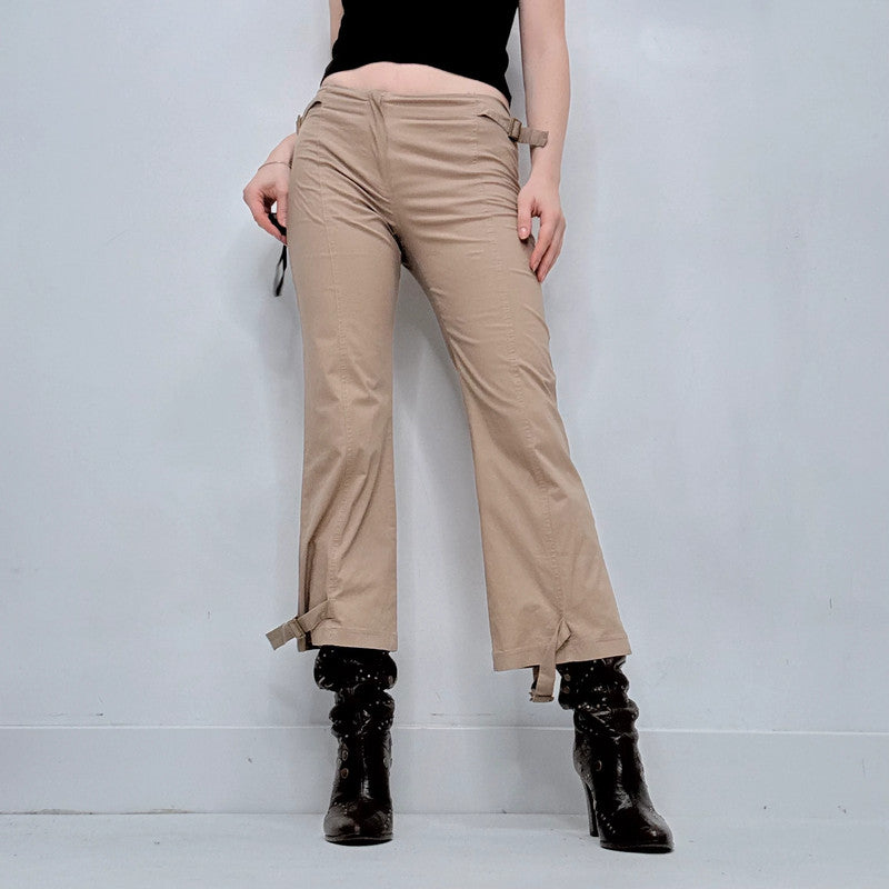 tan flared buckle utility pants