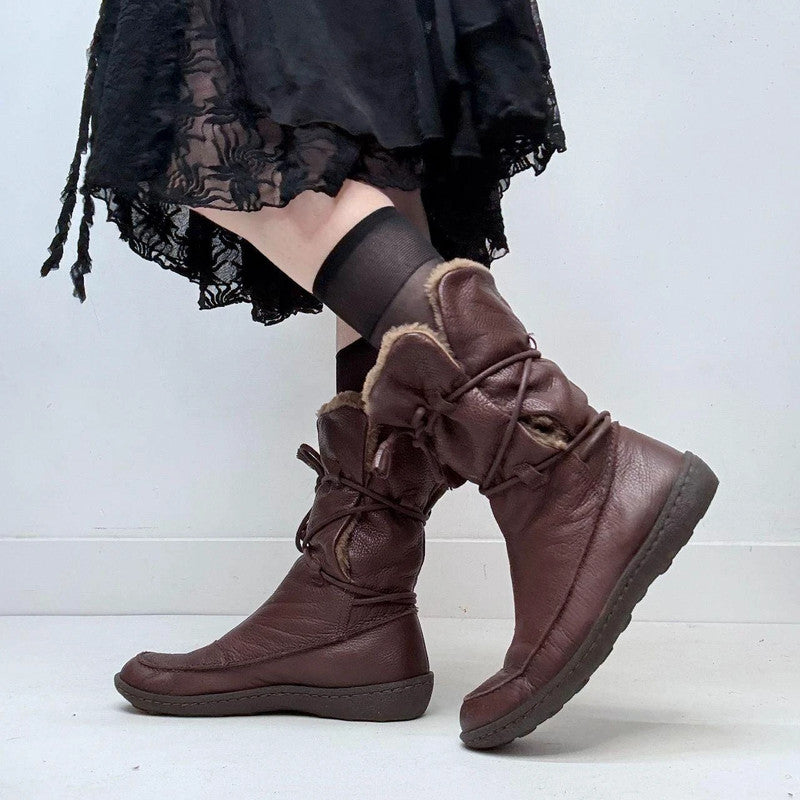 brown leather wrap faux-fur boots