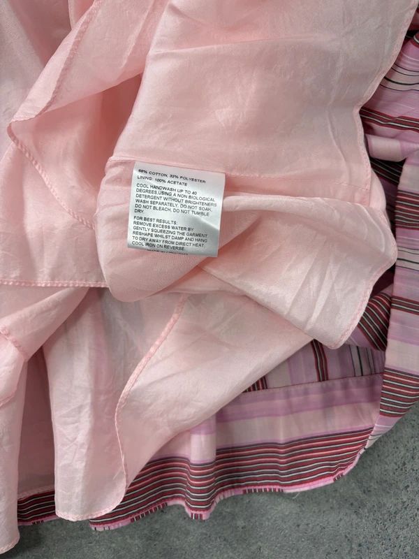pink cotton pleated pinstripe flared midi skirt