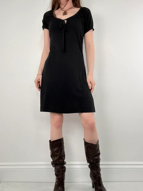 slouchy black bow neck mini dress