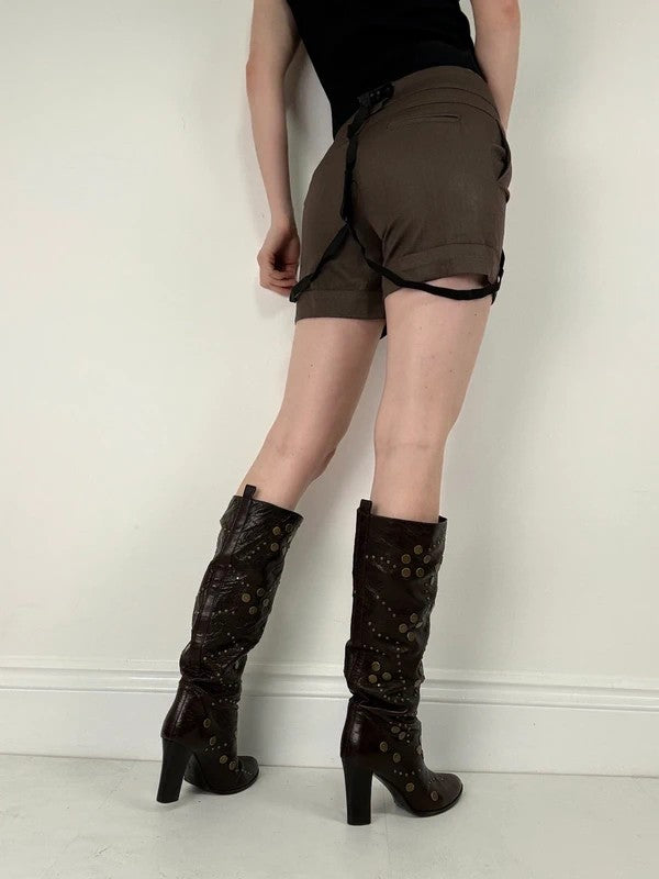 brown mini shorts with braces