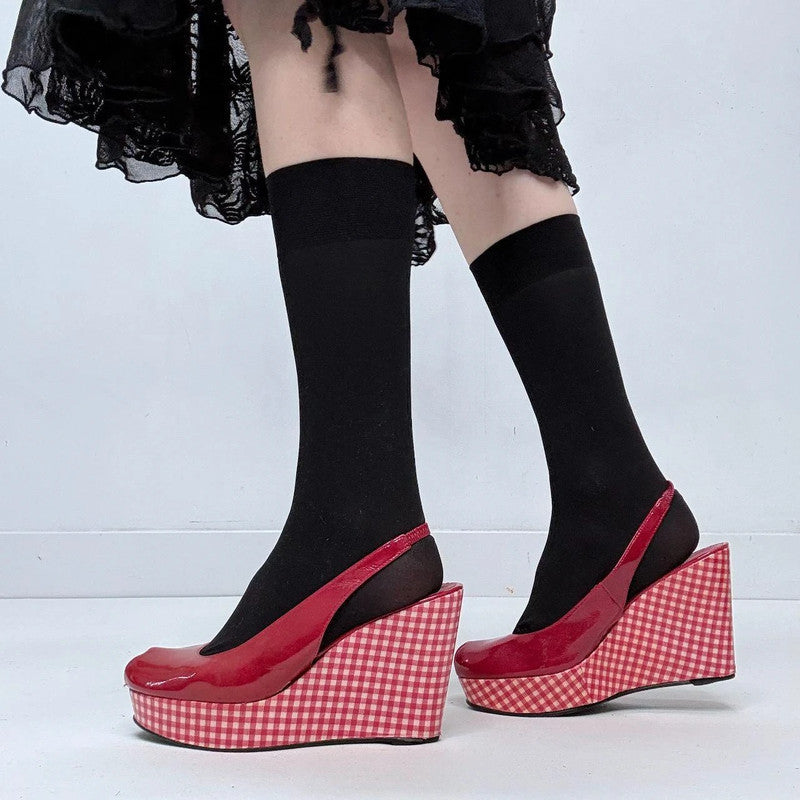 red gingham wedge heels
