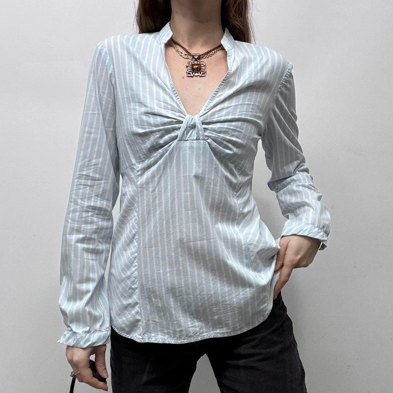 blue pinstripe flared office shirt