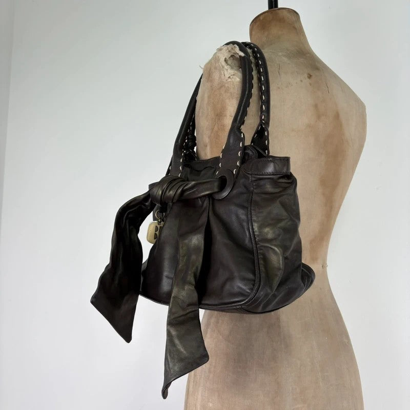 brown leather shimmer bow slouchy Y2K hobo handbag