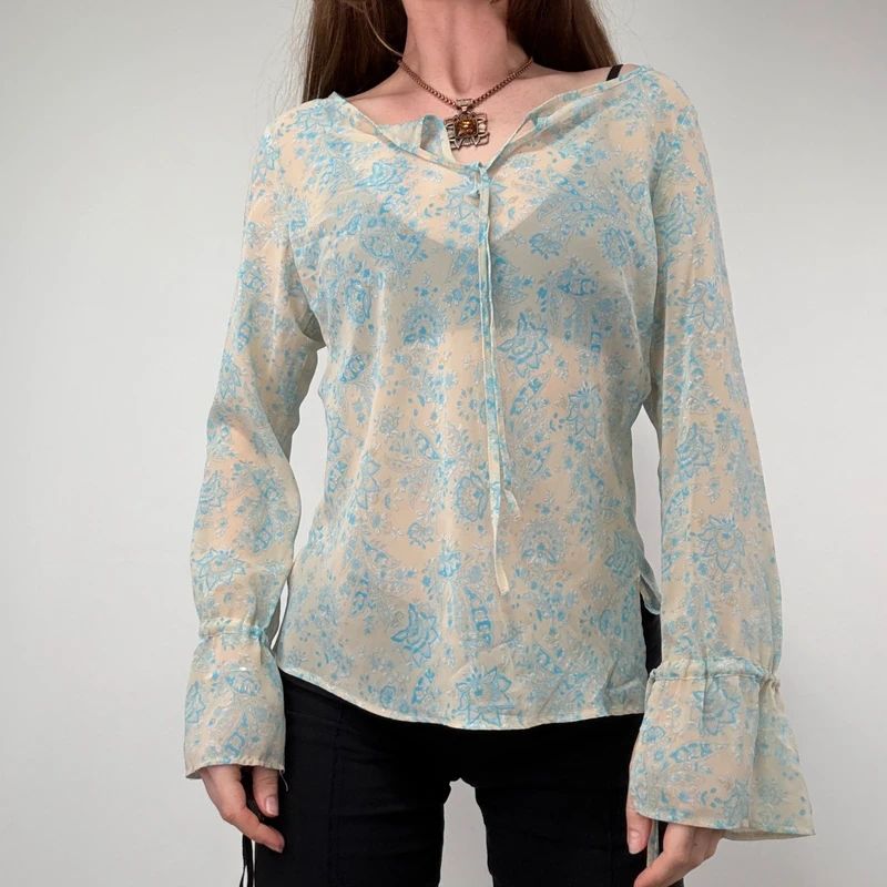 sheer floral flutter ETAM blouse with flare cuffs