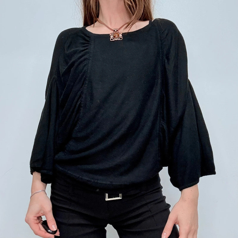 black knit gathered draped batwing jumper