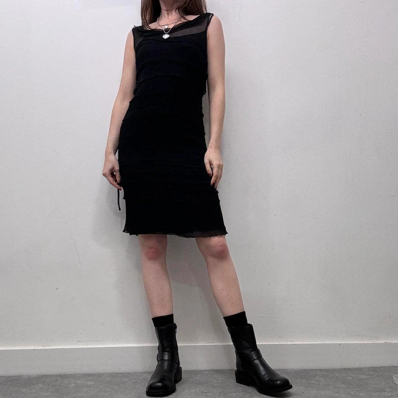 sheer ruffle black silk dress