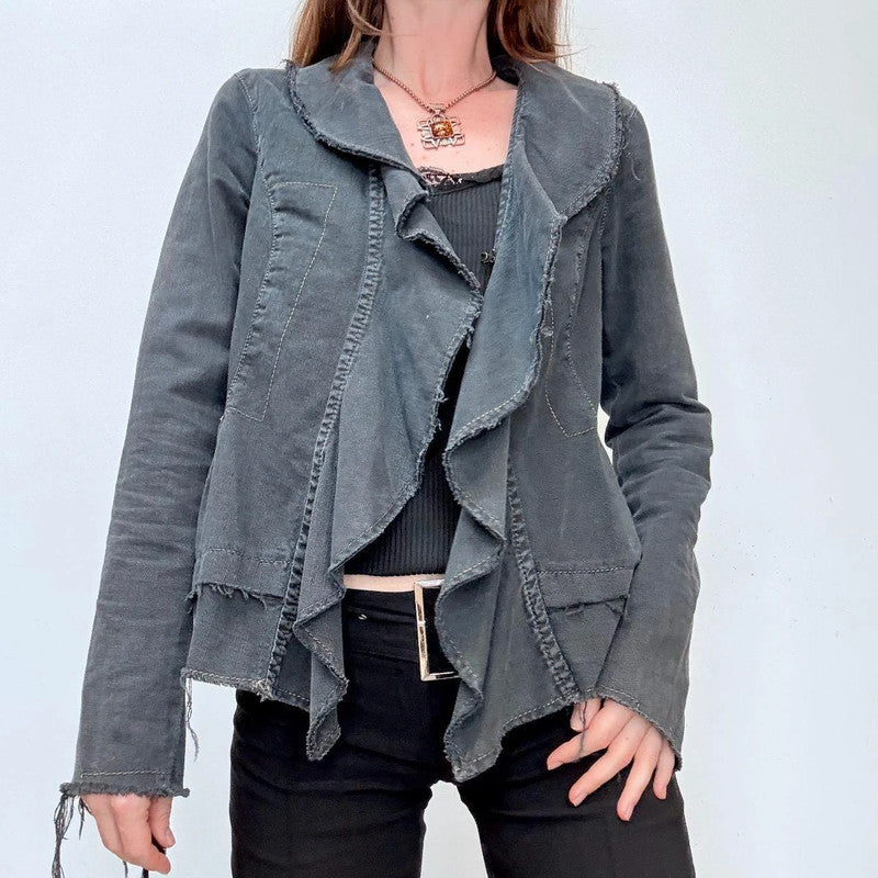 distressed black denim ruffle jacket