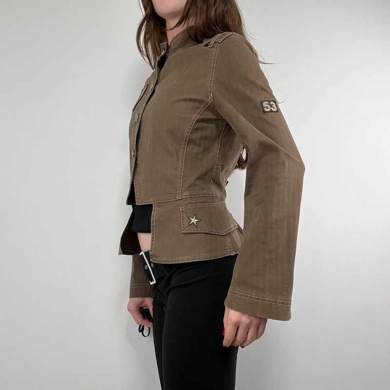 Khaki asymmetric fitted military jacket