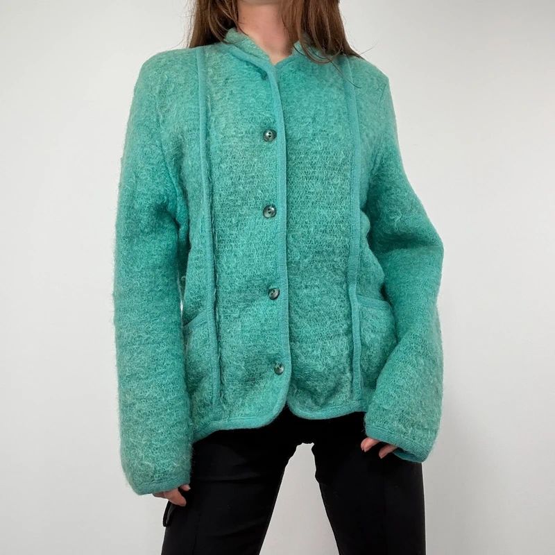Green Mohair panelled Slouchy Cardigan knit