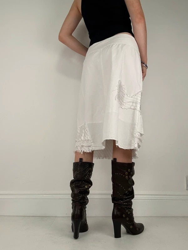 White fray patchwork asymmetrical bow midi skirt
