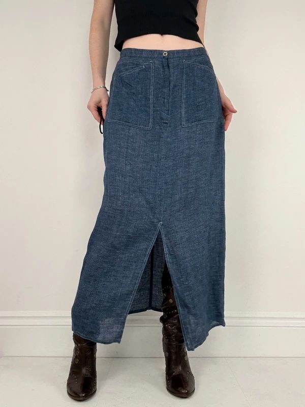 navy linen a-line maxi skirt