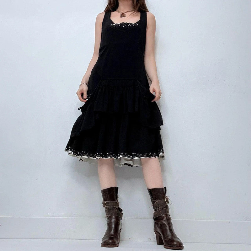 black layered pleated midi dress