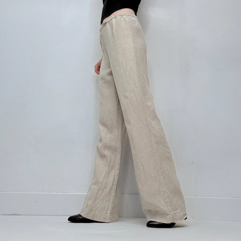 tan 100% linen wide leg flared trousers