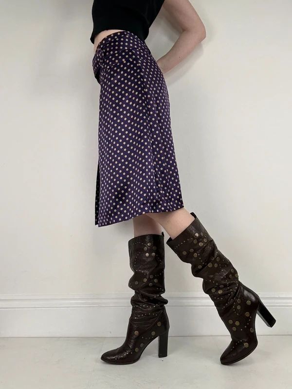 pleated silk polkadot flared midi skirt
