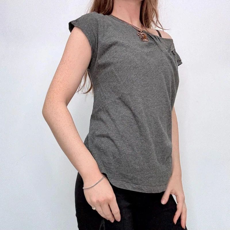 grey slouchy gathered pleated t-shirt top