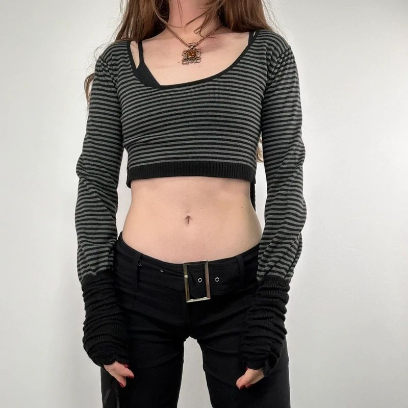 cropped pinstripe gathered engineered jumper
