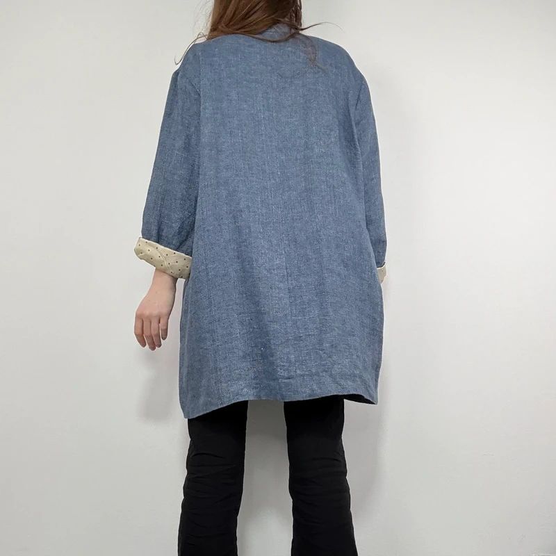 blue linen slouchy oversized long blazer
