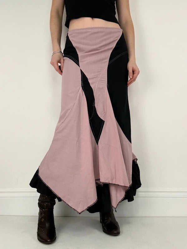 pink and navy gathered asymmetric flared maxi skirt